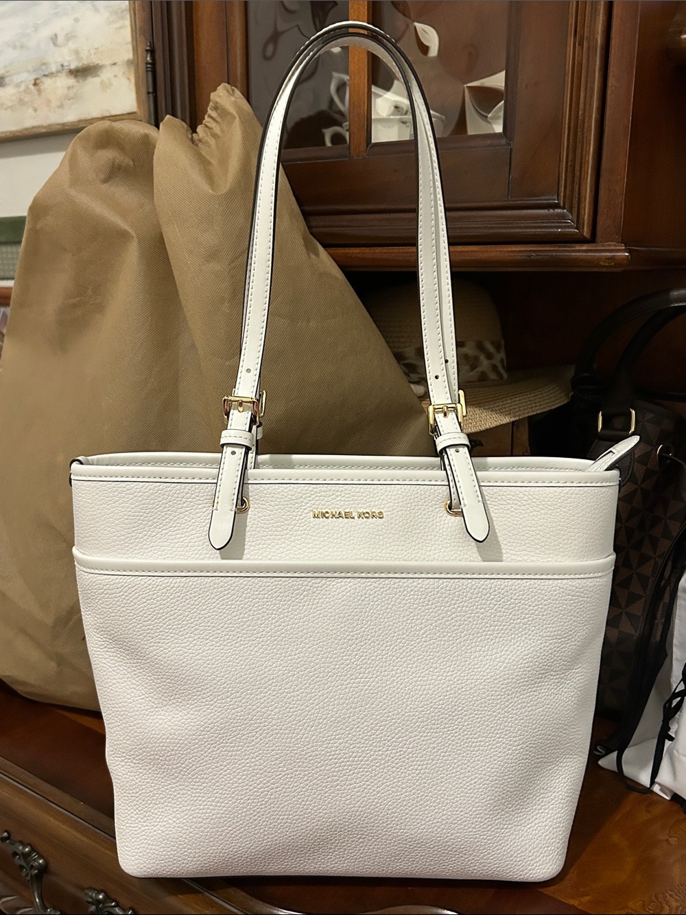 Michael Kors White Pebbled Leather Tote with Gold Logo